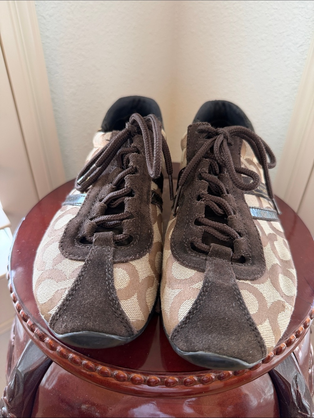 Coach Kathleen Signature Monogram Canvas Suede Sneakers 8 Lace-Up